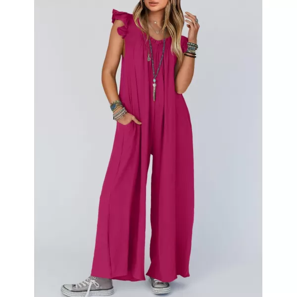 imageZESICA Womens 2024 Summer Loose Jumpsuit Casual V Neck Flutter Short Sleeve Oversized Wide Leg Pant Long Overalls RomperRose Red