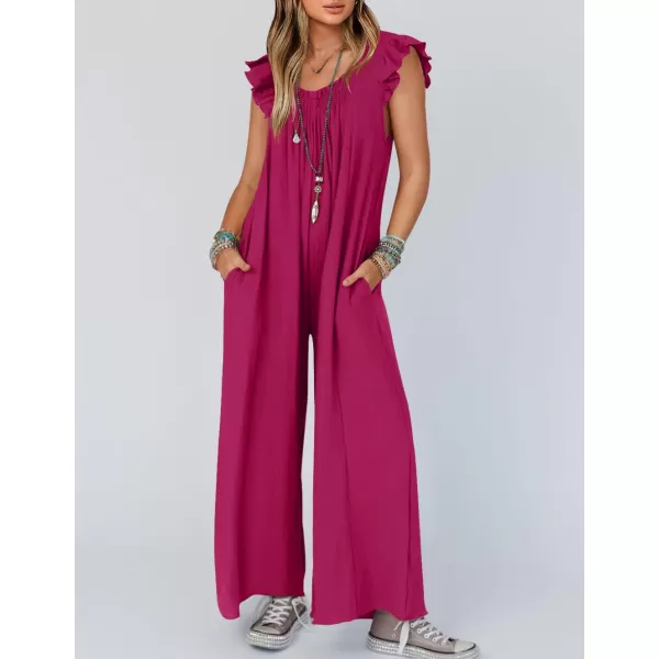 imageZESICA Womens 2024 Summer Loose Jumpsuit Casual V Neck Flutter Short Sleeve Oversized Wide Leg Pant Long Overalls RomperRose Red