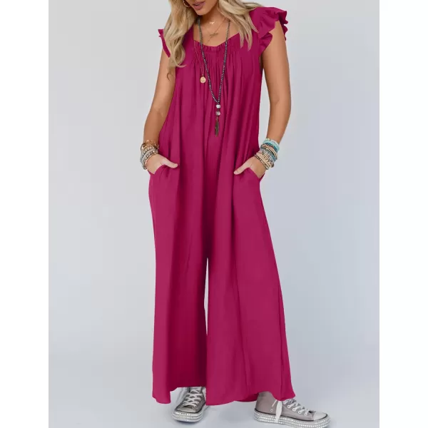 imageZESICA Womens 2024 Summer Loose Jumpsuit Casual V Neck Flutter Short Sleeve Oversized Wide Leg Pant Long Overalls RomperRose Red