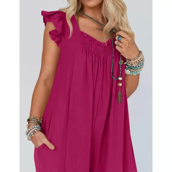 imageZESICA Womens 2024 Summer Loose Jumpsuit Casual V Neck Flutter Short Sleeve Oversized Wide Leg Pant Long Overalls RomperRose Red