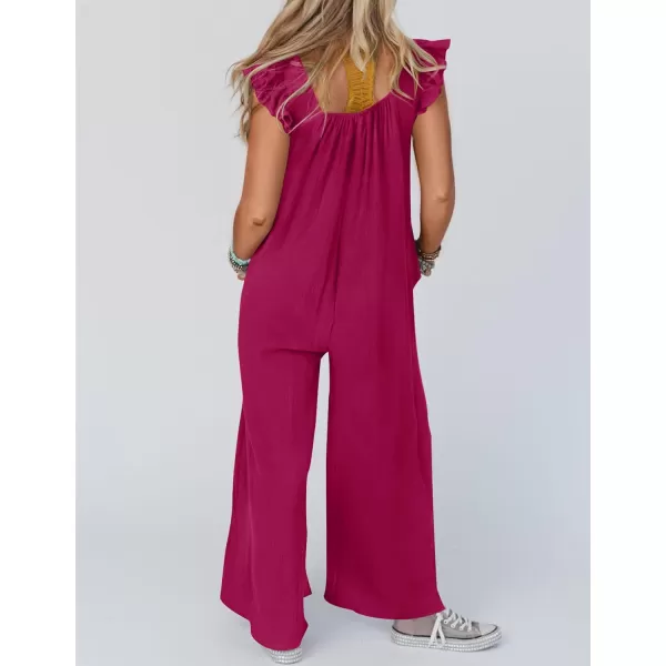 imageZESICA Womens 2024 Summer Loose Jumpsuit Casual V Neck Flutter Short Sleeve Oversized Wide Leg Pant Long Overalls RomperRose Red