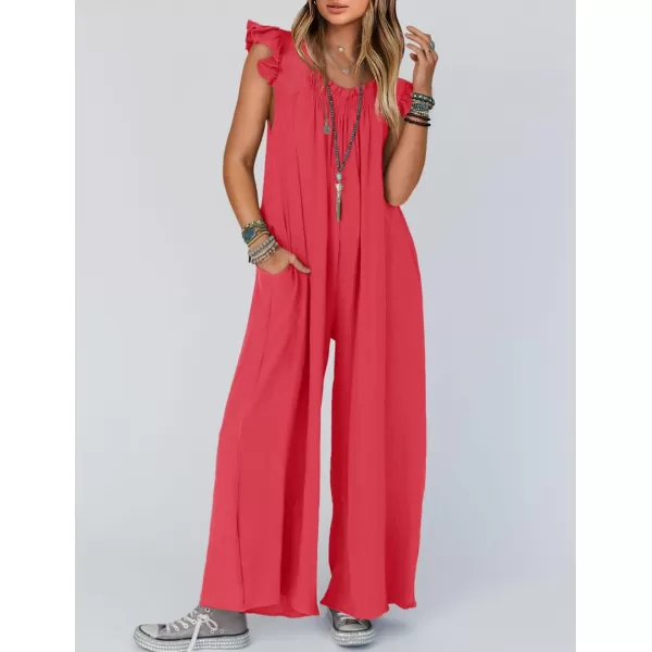 imageZESICA Womens 2024 Summer Loose Jumpsuit Casual V Neck Flutter Short Sleeve Oversized Wide Leg Pant Long Overalls RomperWatermelon Red