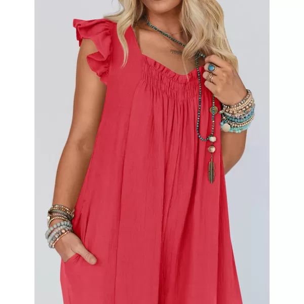 imageZESICA Womens 2024 Summer Loose Jumpsuit Casual V Neck Flutter Short Sleeve Oversized Wide Leg Pant Long Overalls RomperWatermelon Red