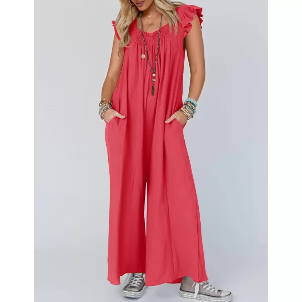 imageZESICA Womens 2024 Summer Loose Jumpsuit Casual V Neck Flutter Short Sleeve Oversized Wide Leg Pant Long Overalls RomperWatermelon Red