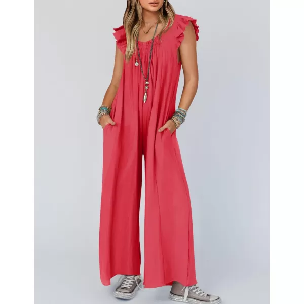 imageZESICA Womens 2024 Summer Loose Jumpsuit Casual V Neck Flutter Short Sleeve Oversized Wide Leg Pant Long Overalls RomperWatermelon Red