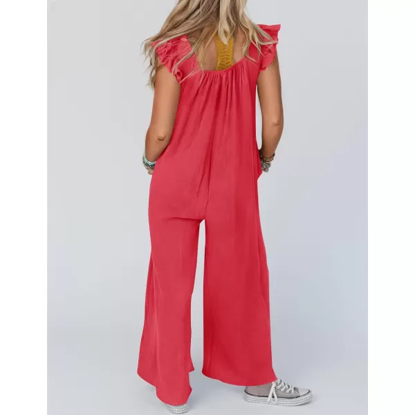 imageZESICA Womens 2024 Summer Loose Jumpsuit Casual V Neck Flutter Short Sleeve Oversized Wide Leg Pant Long Overalls RomperWatermelon Red