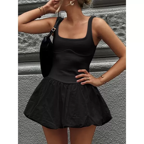 imageZESICA Womens 2024 Summer Mini Dress Tank Sleeveless Square Neck Solid Color Puffy Beach Short Dresses SundressBlack