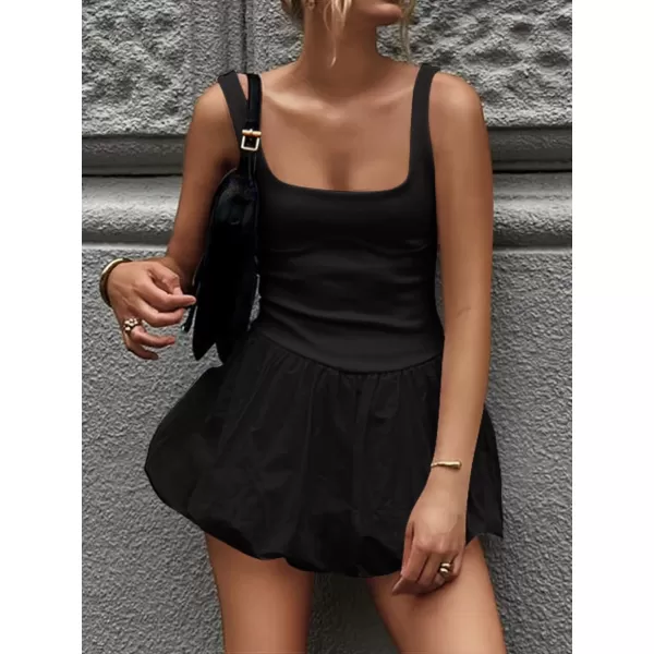 imageZESICA Womens 2024 Summer Mini Dress Tank Sleeveless Square Neck Solid Color Puffy Beach Short Dresses SundressBlack