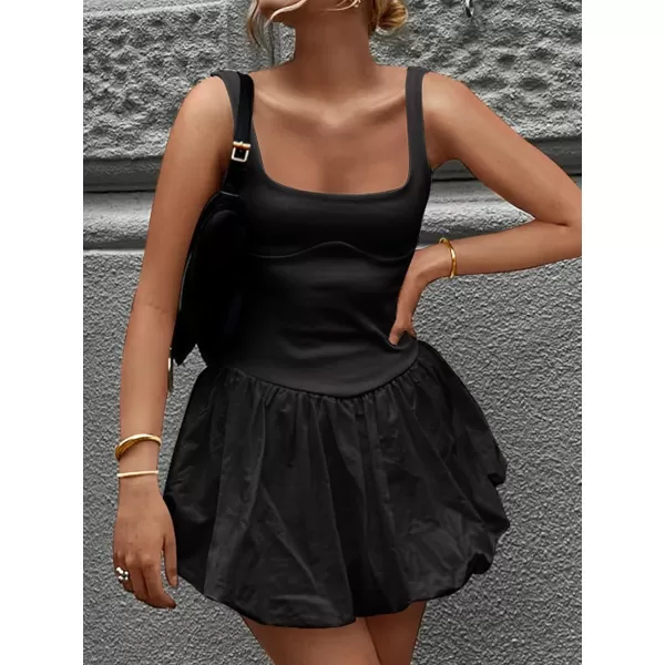 imageZESICA Womens 2024 Summer Mini Dress Tank Sleeveless Square Neck Solid Color Puffy Beach Short Dresses SundressBlack