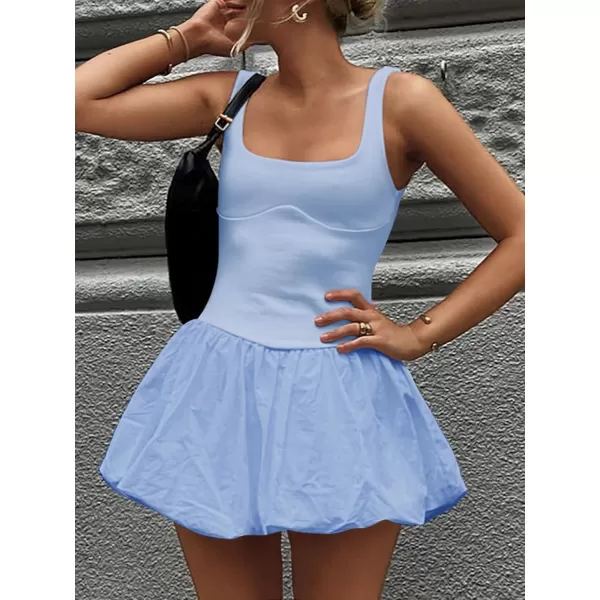 imageZESICA Womens 2024 Summer Mini Dress Tank Sleeveless Square Neck Solid Color Puffy Beach Short Dresses SundressBlue