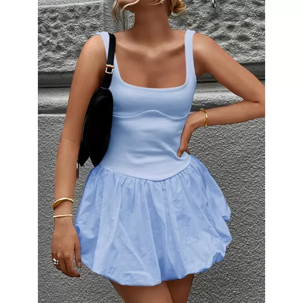 imageZESICA Womens 2024 Summer Mini Dress Tank Sleeveless Square Neck Solid Color Puffy Beach Short Dresses SundressBlue