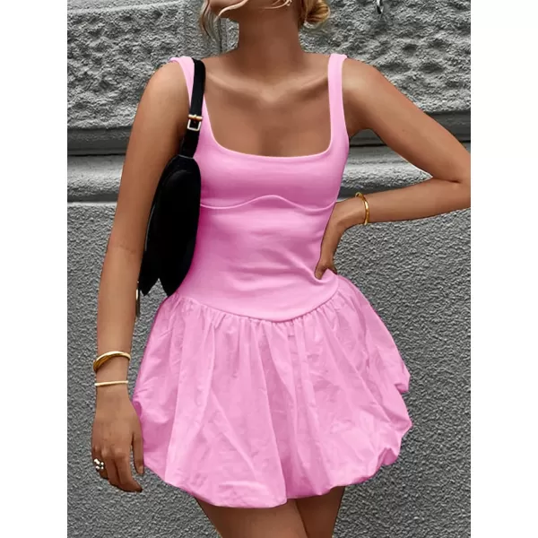 imageZESICA Womens 2024 Summer Mini Dress Tank Sleeveless Square Neck Solid Color Puffy Beach Short Dresses SundressPink