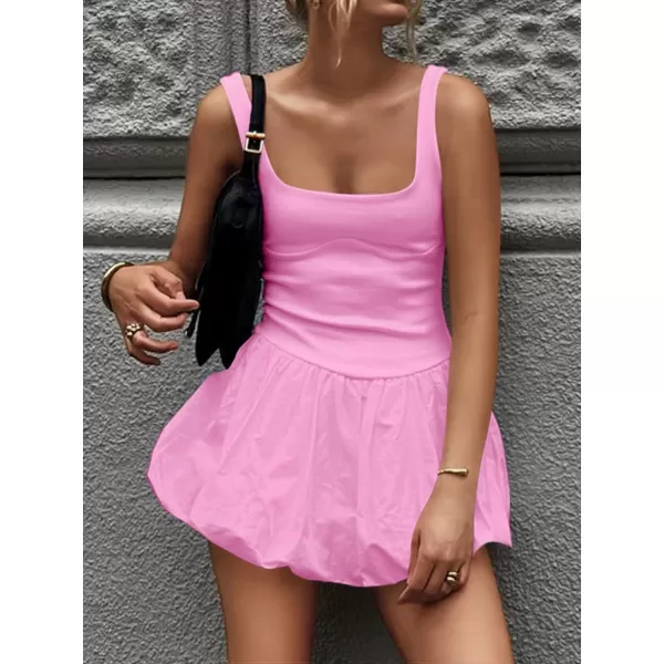 imageZESICA Womens 2024 Summer Mini Dress Tank Sleeveless Square Neck Solid Color Puffy Beach Short Dresses SundressPink