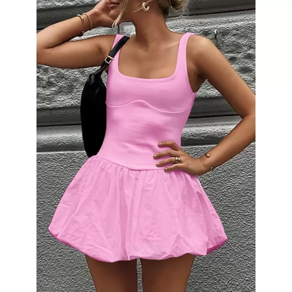 imageZESICA Womens 2024 Summer Mini Dress Tank Sleeveless Square Neck Solid Color Puffy Beach Short Dresses SundressPink