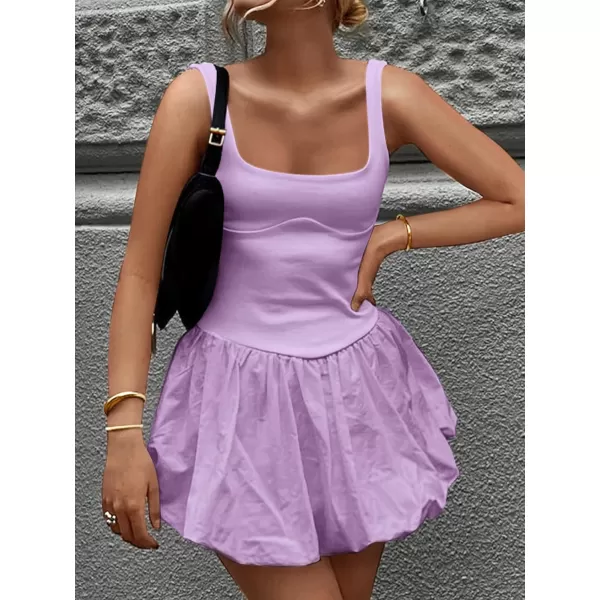 imageZESICA Womens 2024 Summer Mini Dress Tank Sleeveless Square Neck Solid Color Puffy Beach Short Dresses SundressPurple
