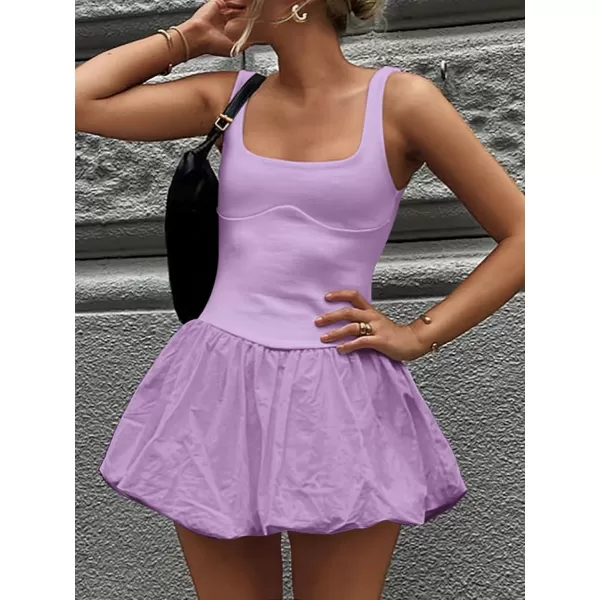 imageZESICA Womens 2024 Summer Mini Dress Tank Sleeveless Square Neck Solid Color Puffy Beach Short Dresses SundressPurple