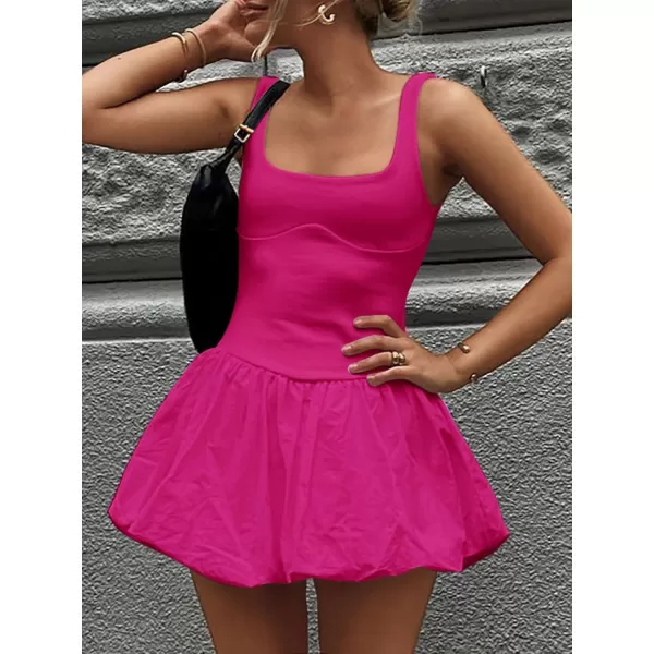 imageZESICA Womens 2024 Summer Mini Dress Tank Sleeveless Square Neck Solid Color Puffy Beach Short Dresses SundressRouge Rose