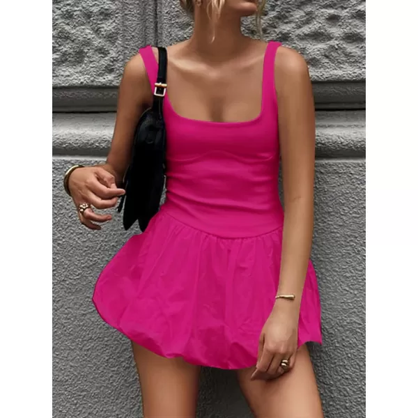 imageZESICA Womens 2024 Summer Mini Dress Tank Sleeveless Square Neck Solid Color Puffy Beach Short Dresses SundressRouge Rose