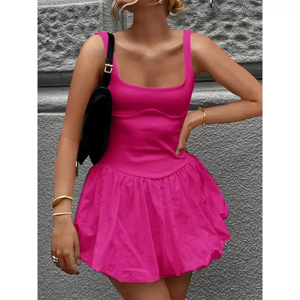 imageZESICA Womens 2024 Summer Mini Dress Tank Sleeveless Square Neck Solid Color Puffy Beach Short Dresses SundressRouge Rose