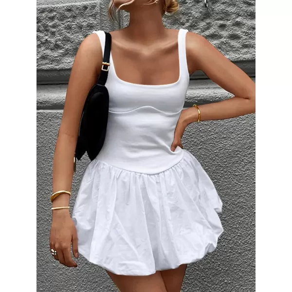imageZESICA Womens 2024 Summer Mini Dress Tank Sleeveless Square Neck Solid Color Puffy Beach Short Dresses SundressWhite