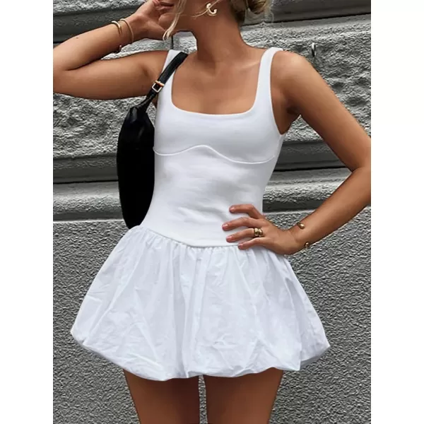 imageZESICA Womens 2024 Summer Mini Dress Tank Sleeveless Square Neck Solid Color Puffy Beach Short Dresses SundressWhite