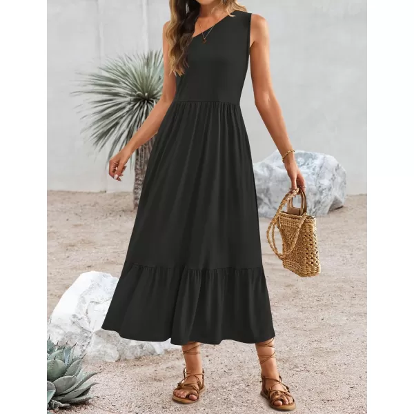 imageZESICA Womens 2024 Summer One Shoulder Sleeveless Casual Tiered Flowy Beach Boho Maxi Dress with PocketsBlack