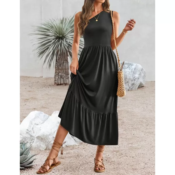 imageZESICA Womens 2024 Summer One Shoulder Sleeveless Casual Tiered Flowy Beach Boho Maxi Dress with PocketsBlack