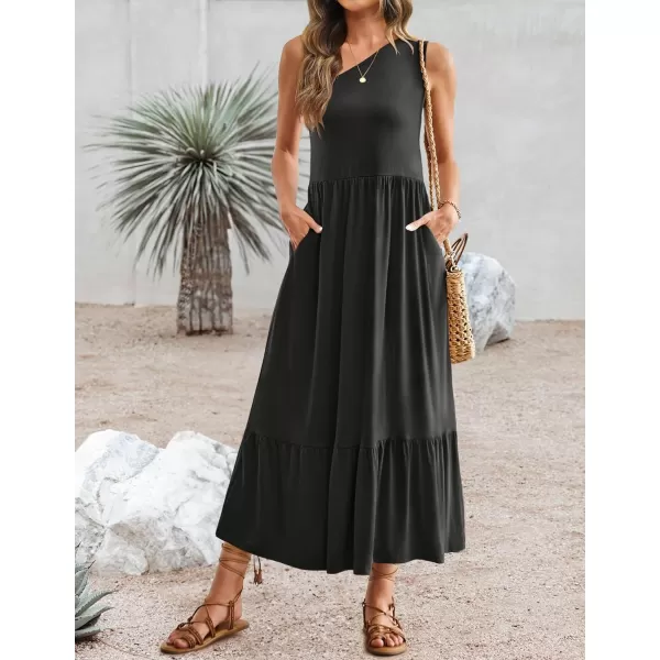 imageZESICA Womens 2024 Summer One Shoulder Sleeveless Casual Tiered Flowy Beach Boho Maxi Dress with PocketsBlack