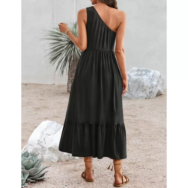 imageZESICA Womens 2024 Summer One Shoulder Sleeveless Casual Tiered Flowy Beach Boho Maxi Dress with PocketsBlack
