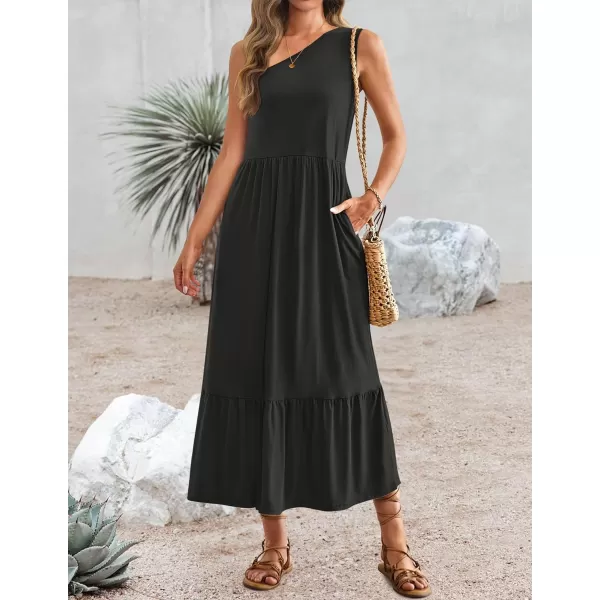 imageZESICA Womens 2024 Summer One Shoulder Sleeveless Casual Tiered Flowy Beach Boho Maxi Dress with PocketsBlack