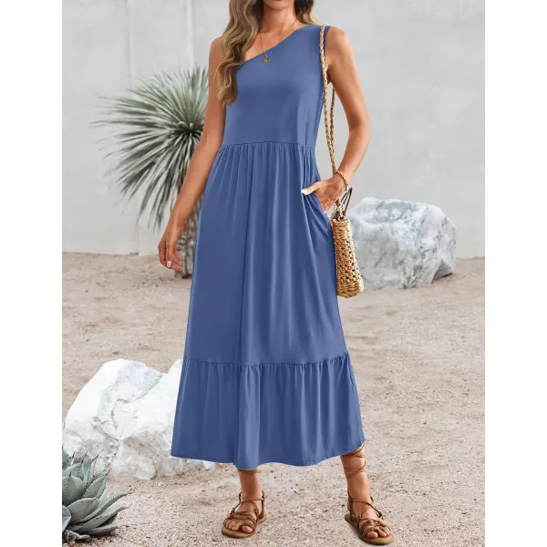 imageZESICA Womens 2024 Summer One Shoulder Sleeveless Casual Tiered Flowy Beach Boho Maxi Dress with PocketsDusty Blue