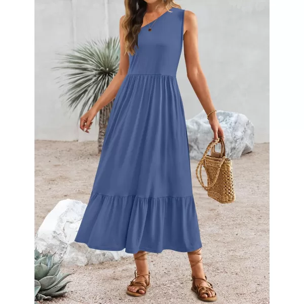 imageZESICA Womens 2024 Summer One Shoulder Sleeveless Casual Tiered Flowy Beach Boho Maxi Dress with PocketsDusty Blue