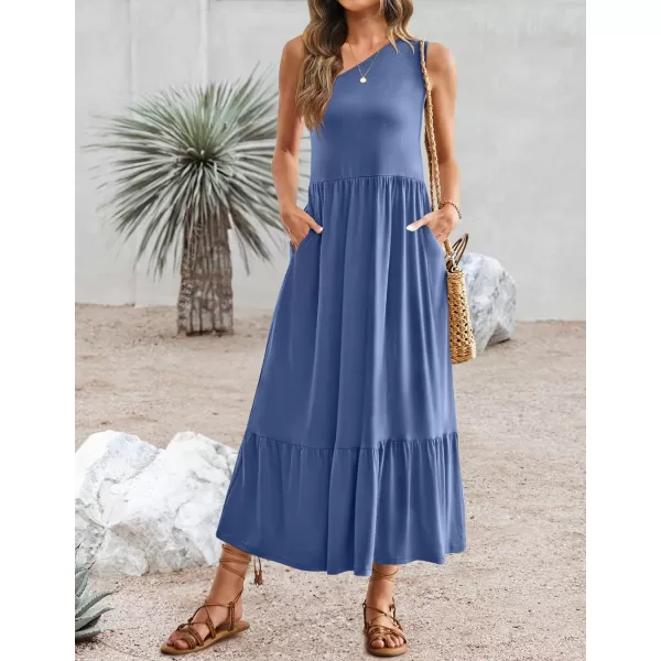 imageZESICA Womens 2024 Summer One Shoulder Sleeveless Casual Tiered Flowy Beach Boho Maxi Dress with PocketsDusty Blue