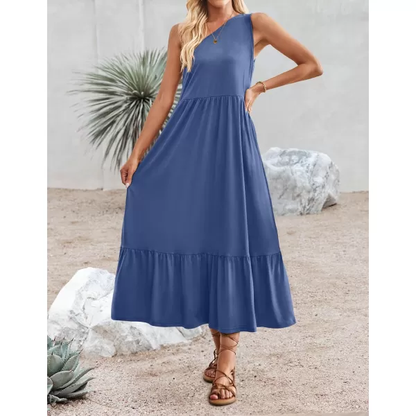 imageZESICA Womens 2024 Summer One Shoulder Sleeveless Casual Tiered Flowy Beach Boho Maxi Dress with PocketsDustyblue