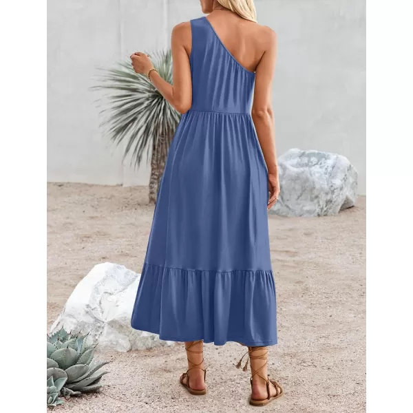 imageZESICA Womens 2024 Summer One Shoulder Sleeveless Casual Tiered Flowy Beach Boho Maxi Dress with PocketsDustyblue