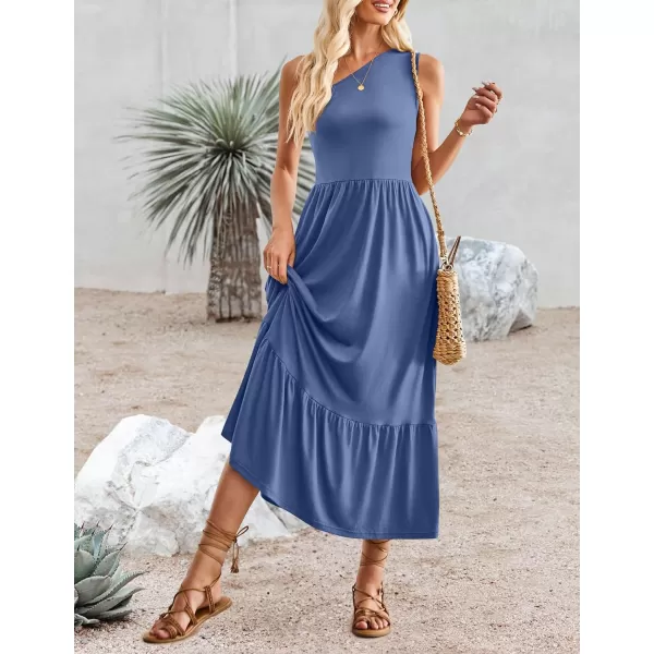 imageZESICA Womens 2024 Summer One Shoulder Sleeveless Casual Tiered Flowy Beach Boho Maxi Dress with PocketsDustyblue