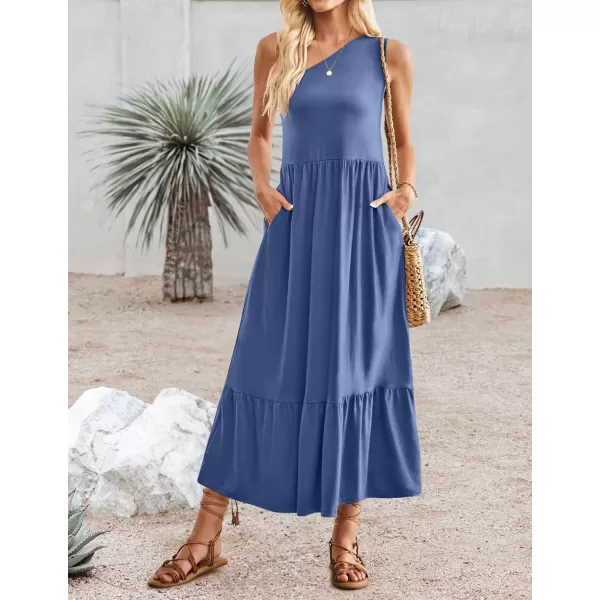imageZESICA Womens 2024 Summer One Shoulder Sleeveless Casual Tiered Flowy Beach Boho Maxi Dress with PocketsDustyblue