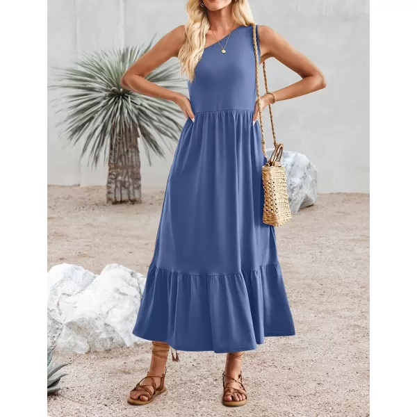 imageZESICA Womens 2024 Summer One Shoulder Sleeveless Casual Tiered Flowy Beach Boho Maxi Dress with PocketsDustyblue