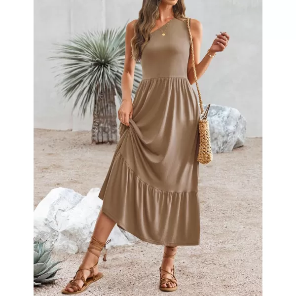imageZESICA Womens 2024 Summer One Shoulder Sleeveless Casual Tiered Flowy Beach Boho Maxi Dress with PocketsKhaki