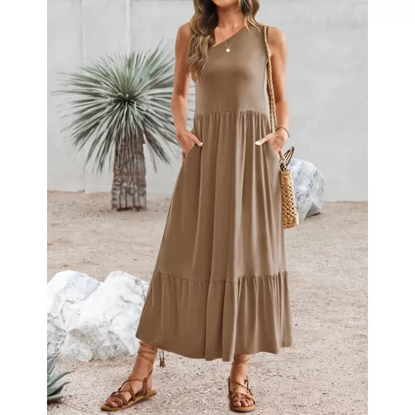 imageZESICA Womens 2024 Summer One Shoulder Sleeveless Casual Tiered Flowy Beach Boho Maxi Dress with PocketsKhaki
