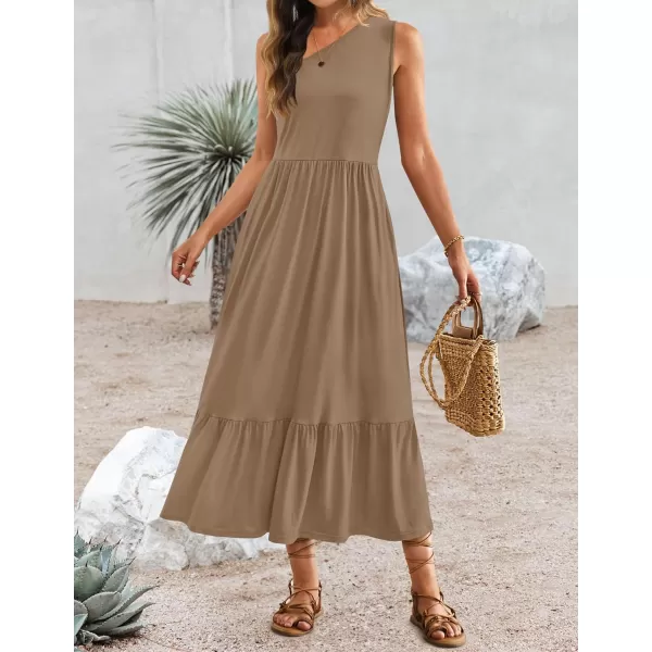 imageZESICA Womens 2024 Summer One Shoulder Sleeveless Casual Tiered Flowy Beach Boho Maxi Dress with PocketsKhaki