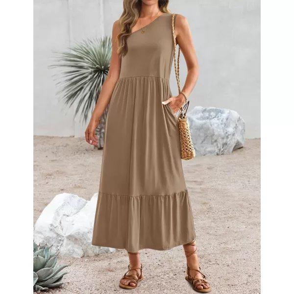 imageZESICA Womens 2024 Summer One Shoulder Sleeveless Casual Tiered Flowy Beach Boho Maxi Dress with PocketsKhaki
