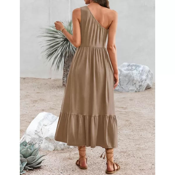 imageZESICA Womens 2024 Summer One Shoulder Sleeveless Casual Tiered Flowy Beach Boho Maxi Dress with PocketsKhaki