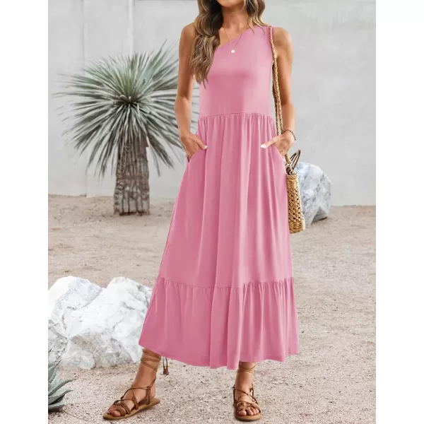 imageZESICA Womens 2024 Summer One Shoulder Sleeveless Casual Tiered Flowy Beach Boho Maxi Dress with PocketsPink