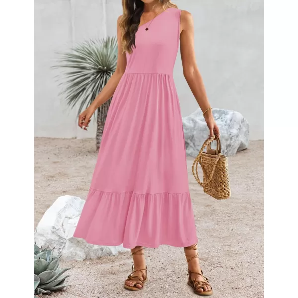 imageZESICA Womens 2024 Summer One Shoulder Sleeveless Casual Tiered Flowy Beach Boho Maxi Dress with PocketsPink