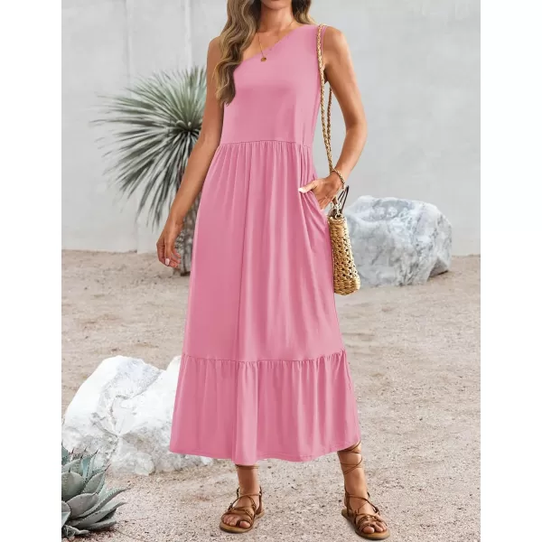 imageZESICA Womens 2024 Summer One Shoulder Sleeveless Casual Tiered Flowy Beach Boho Maxi Dress with PocketsPink