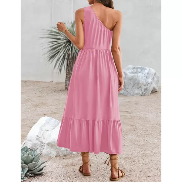 imageZESICA Womens 2024 Summer One Shoulder Sleeveless Casual Tiered Flowy Beach Boho Maxi Dress with PocketsPink