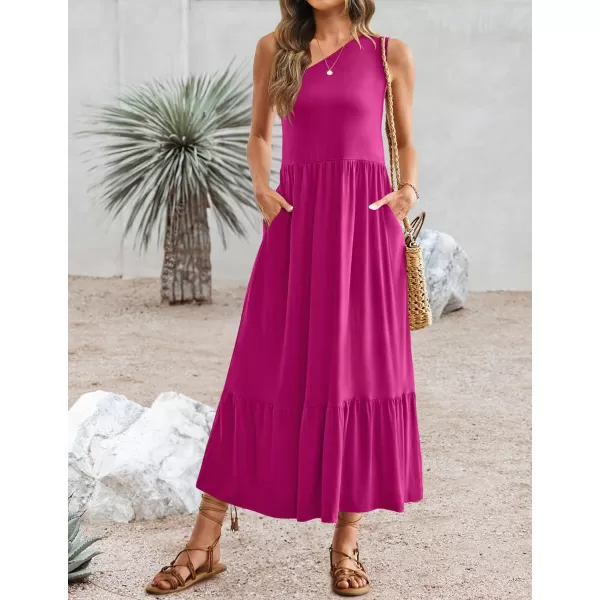 imageZESICA Womens 2024 Summer One Shoulder Sleeveless Casual Tiered Flowy Beach Boho Maxi Dress with PocketsRose