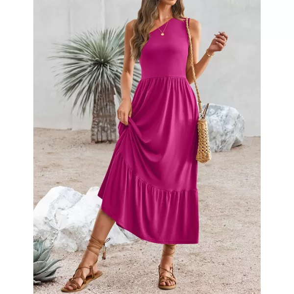 imageZESICA Womens 2024 Summer One Shoulder Sleeveless Casual Tiered Flowy Beach Boho Maxi Dress with PocketsRose