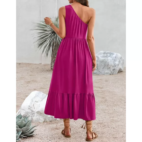 imageZESICA Womens 2024 Summer One Shoulder Sleeveless Casual Tiered Flowy Beach Boho Maxi Dress with PocketsRose
